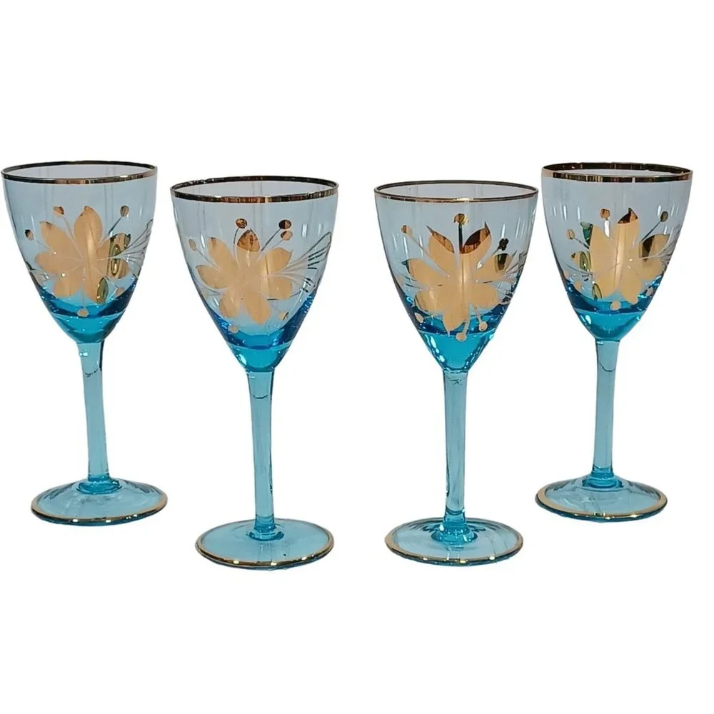 Mid Century Italian Art Glass Wine Cordial Glasses 24K Gold Turquoise Aqua Blue - Picture 1 of 7